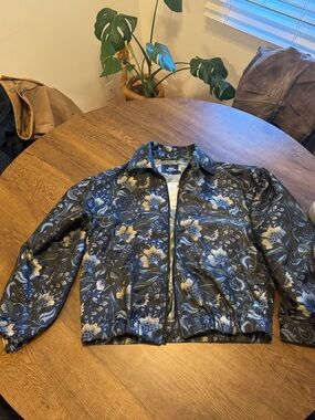 Floral Zip Bomber Jacket in Black and Blue